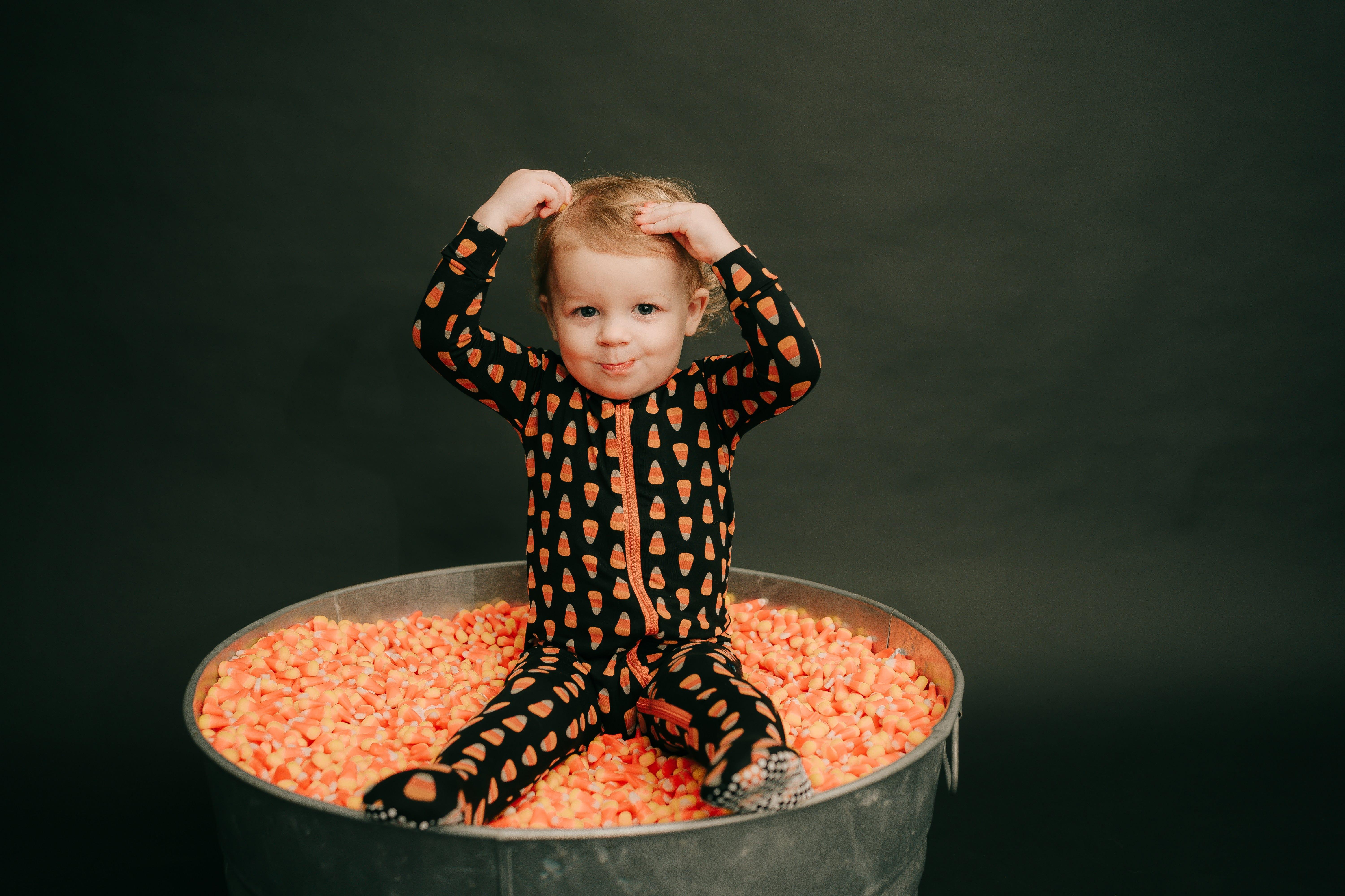 Print Bamboo Footie with 2-Way Zipper - Midnight Candy Corn - Image 4