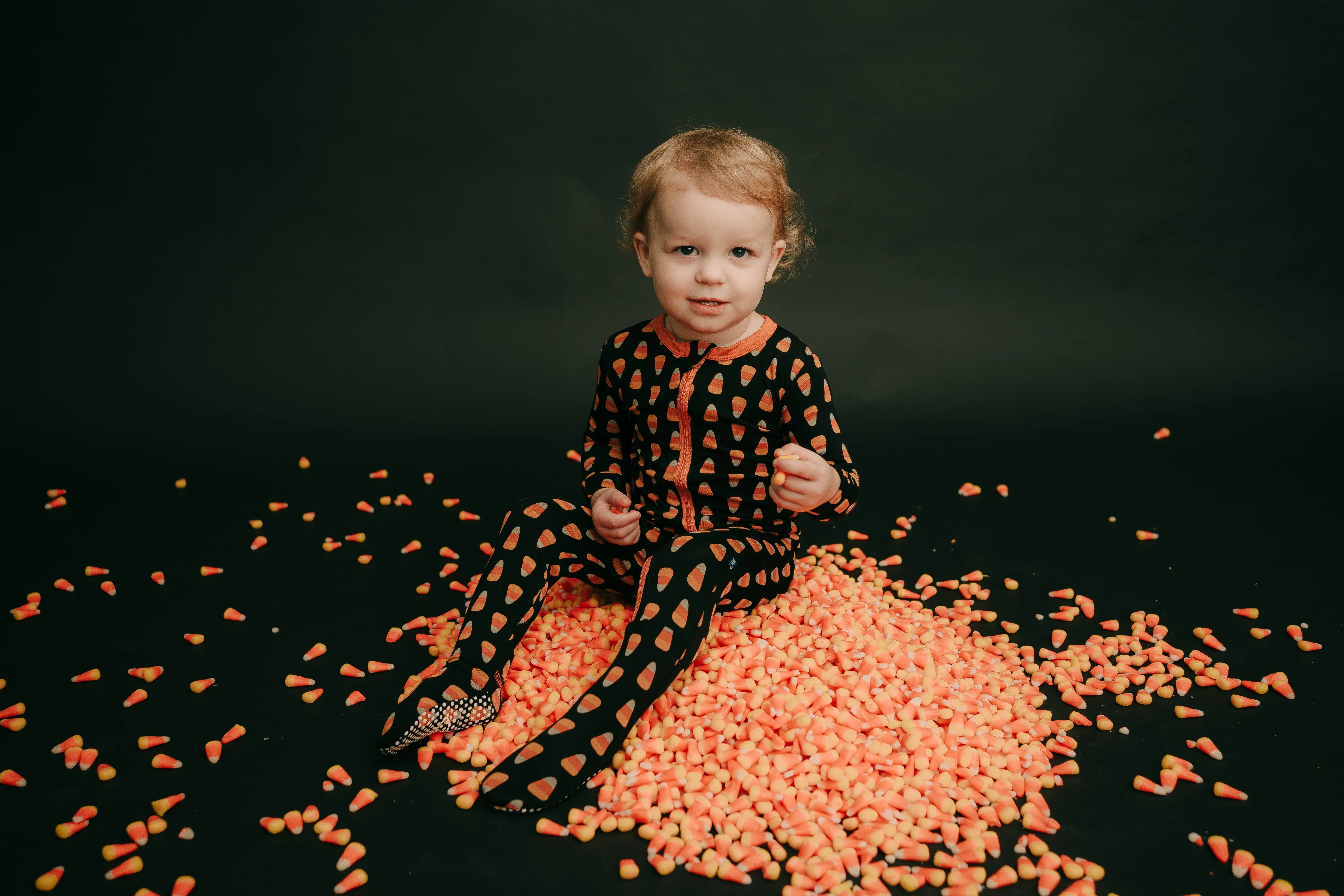 Print Bamboo Footie with 2-Way Zipper - Midnight Candy Corn - Image 5