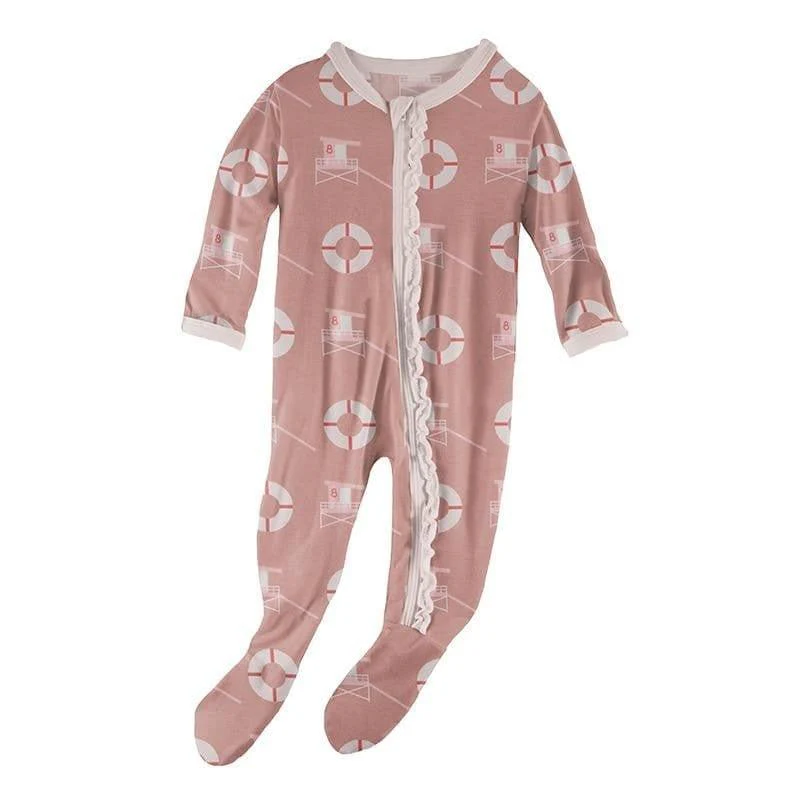 Print Bamboo Muffin Ruffle Footie with Zipper - Antique Pink Lifeguard
