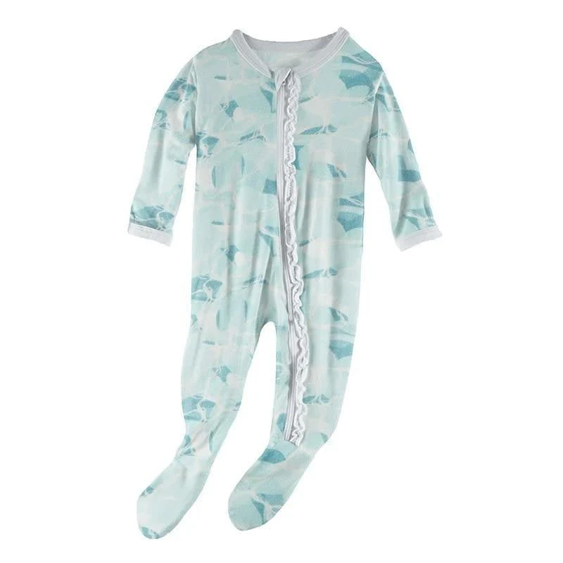 Print Bamboo Muffin Ruffle Footie with Zipper - Water