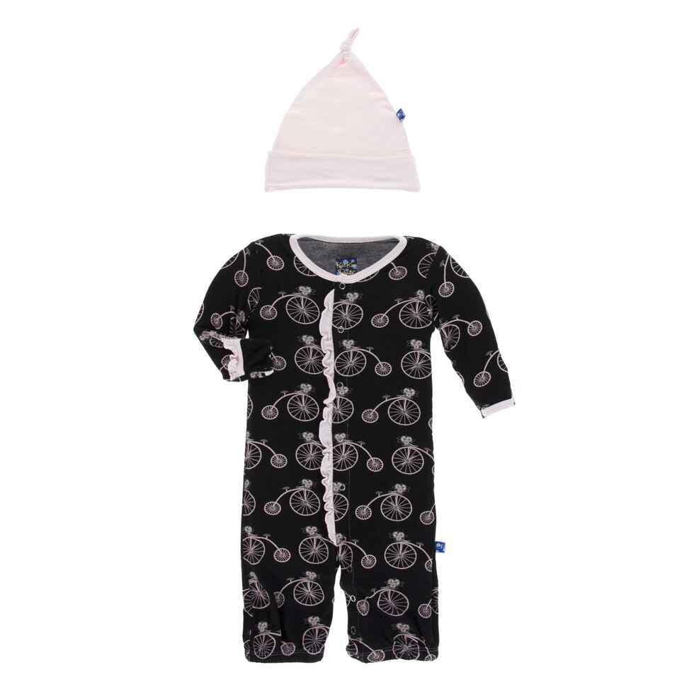 Print Bamboo Ruffle Layette Gown Converter and Knot Hat Set - Girl Midnight Bikes - Image 2