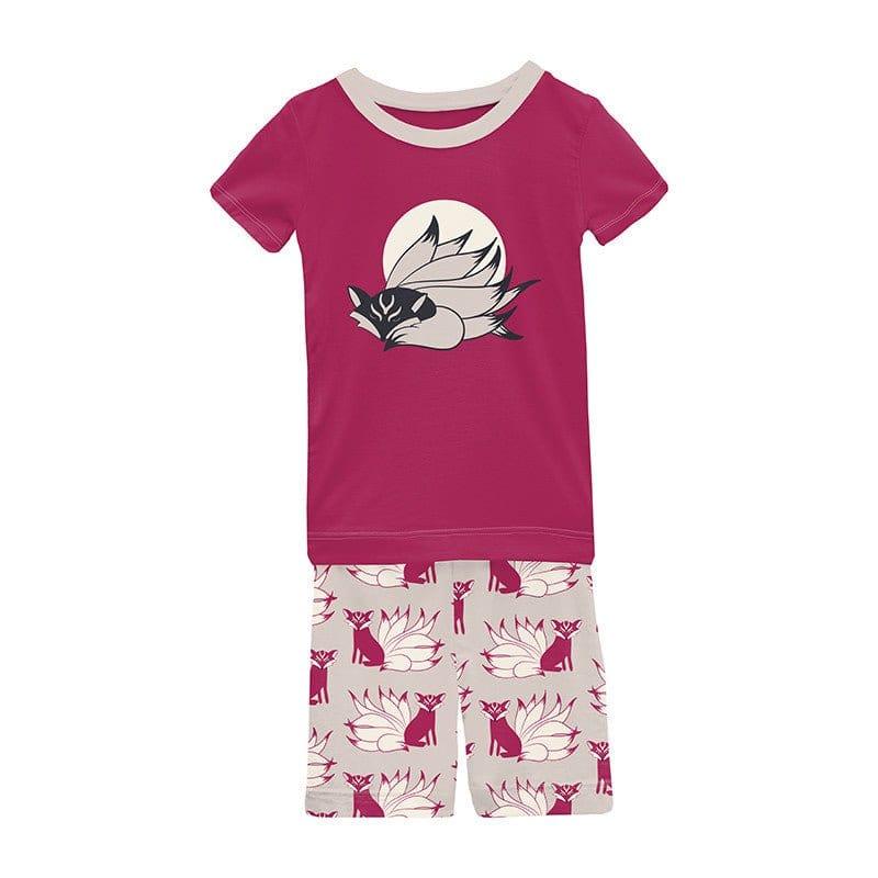 Print Bamboo Short Sleeve Graphic Tee Pajama Set with Shorts - Latte Kitsune
