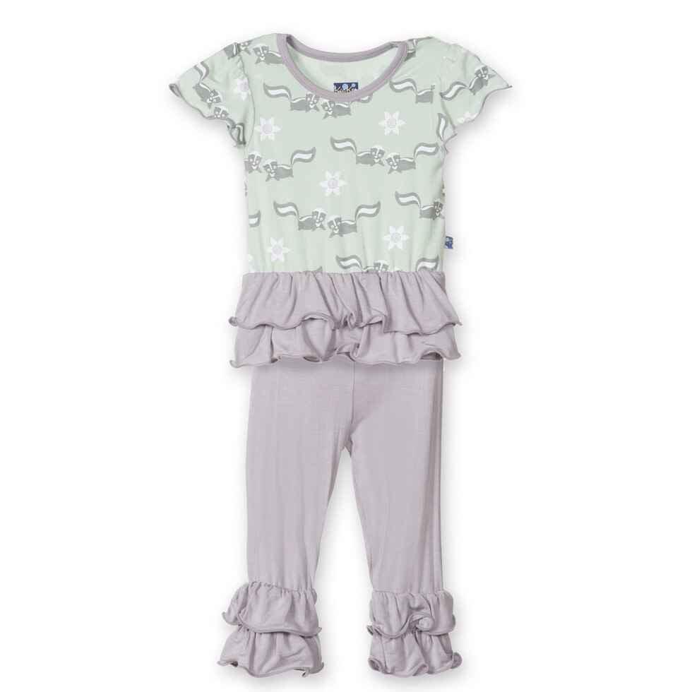Bamboo Short Sleeve Double Ruffle Outfit Set Girls, Aloe Skunk - Image 2