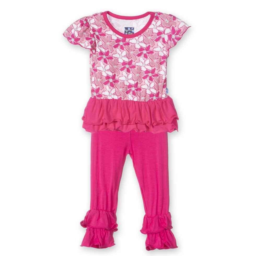 Girl's Bamboo Short Sleeve Double Ruffle Outfit Set, Desert Flower