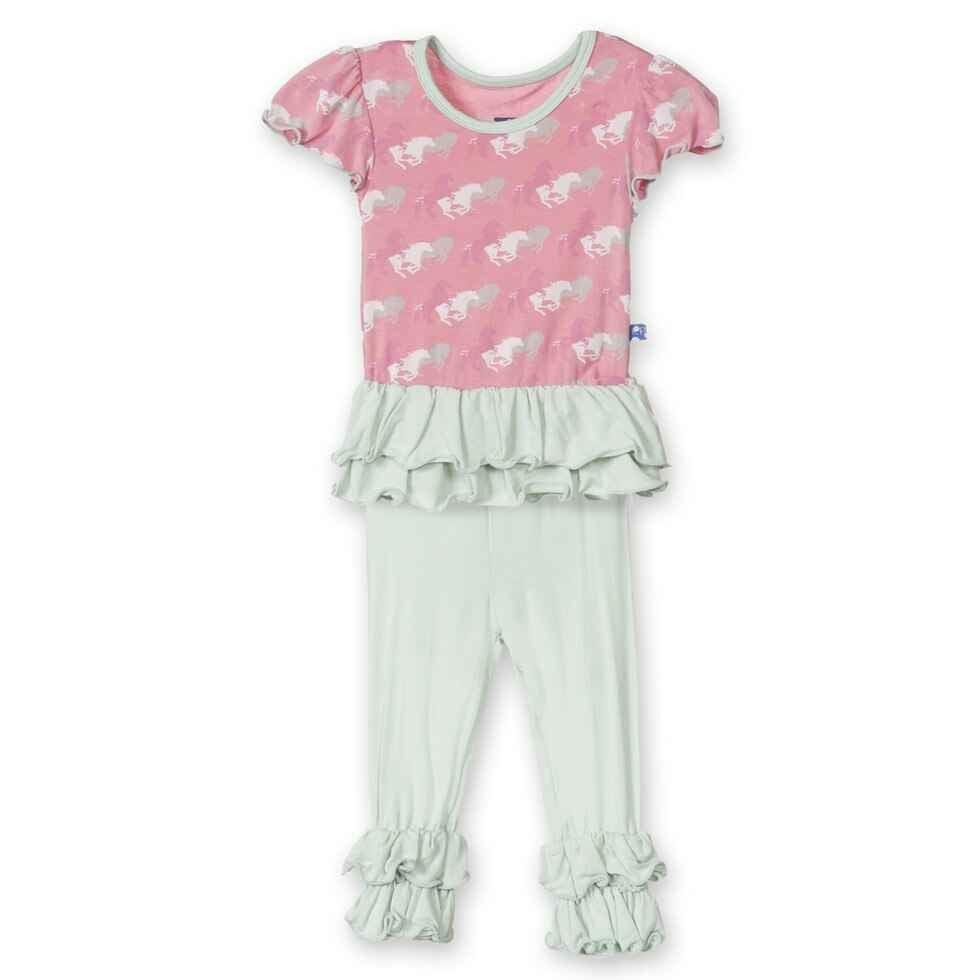 Bamboo Short Sleeve Double Ruffle Outfit Set Girls, Desert Rose Wild Horses - Image 2