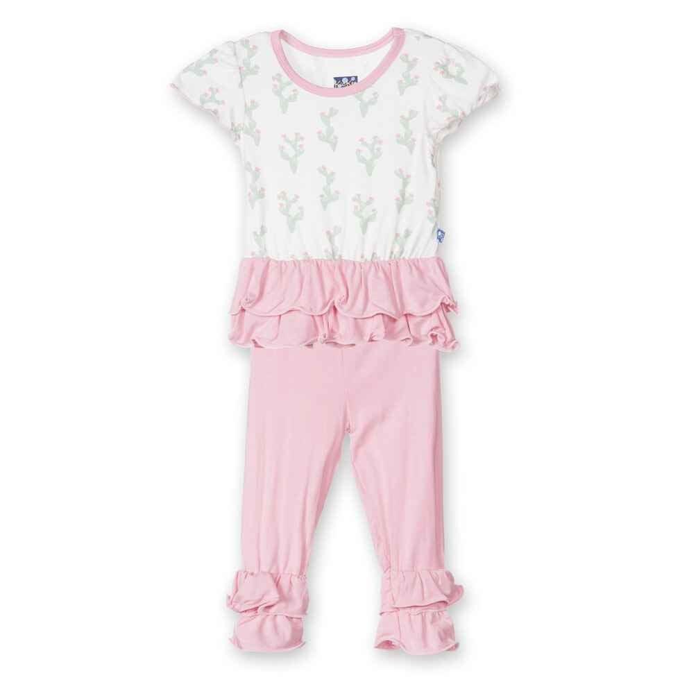 Girl's Bamboo Short Sleeve Double Ruffle Outfit Set, Natural Cactus
