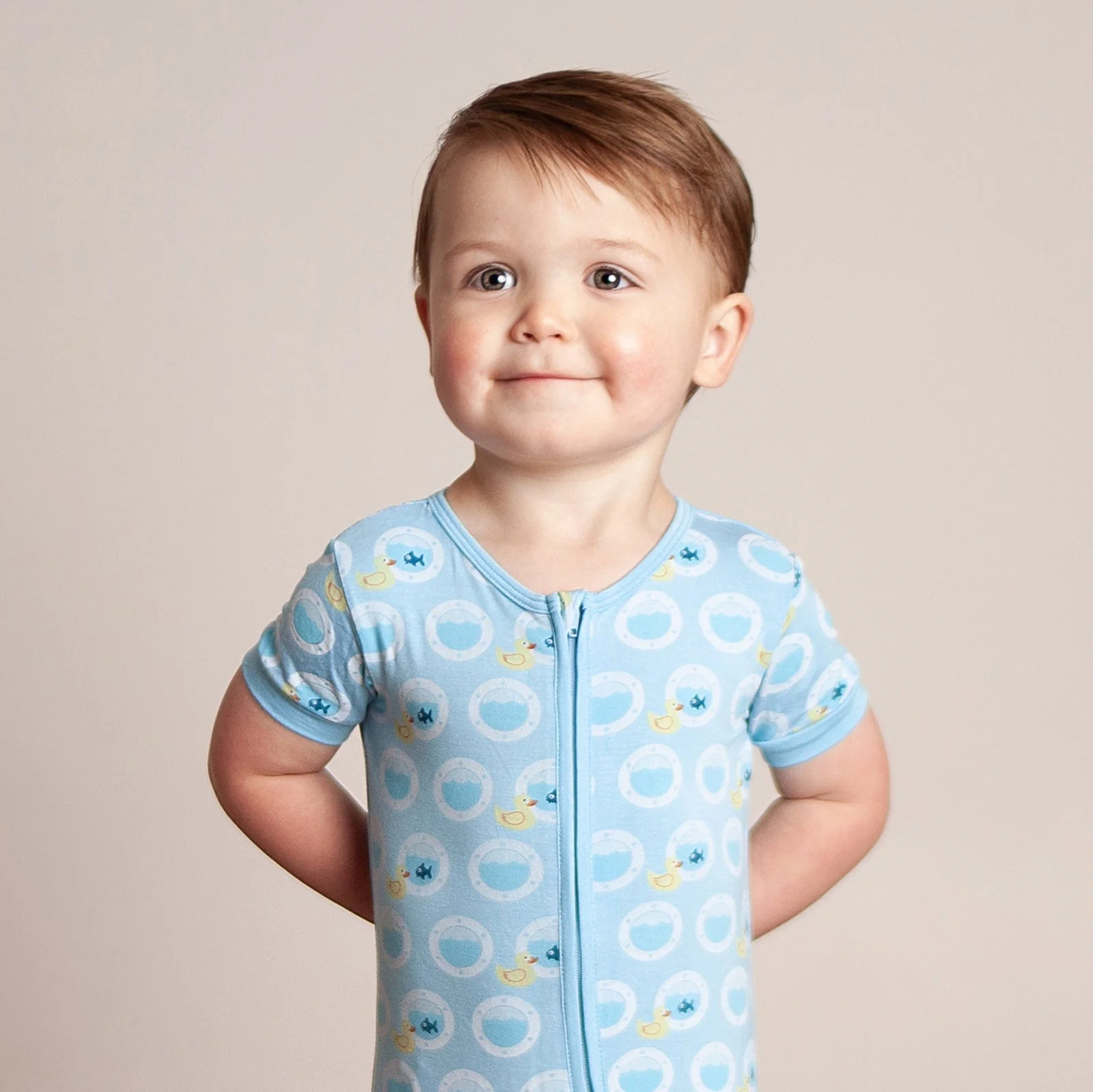 Bamboo Shorty Sleeper with Zipper - Seaside Blue Porthole Rubber Ducky - Image 2