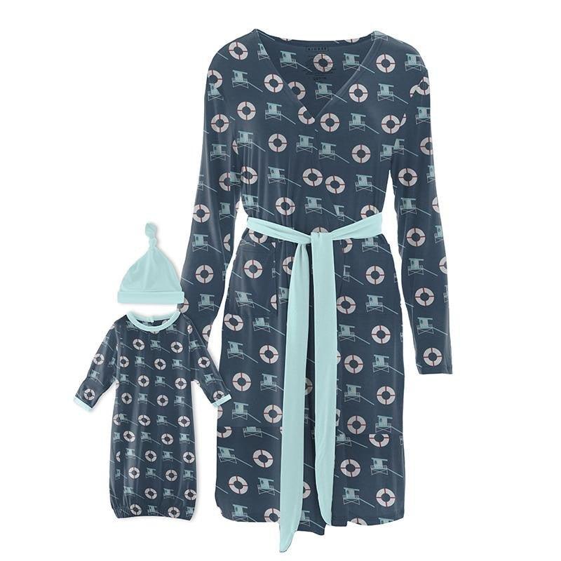 Women's Print Bamboo Maternity/Nursing Robe & Layette Gown Set - Deep Sea Lifeguard