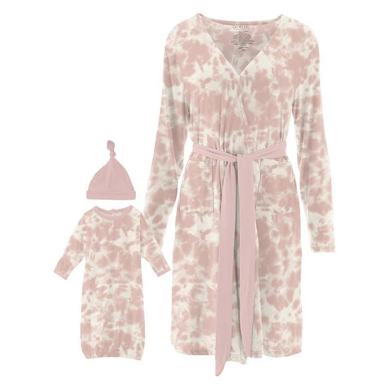 Women's Print Bamboo Mid Length Lounge Robe & Layette Gown Set - Baby Rose Tie Dye