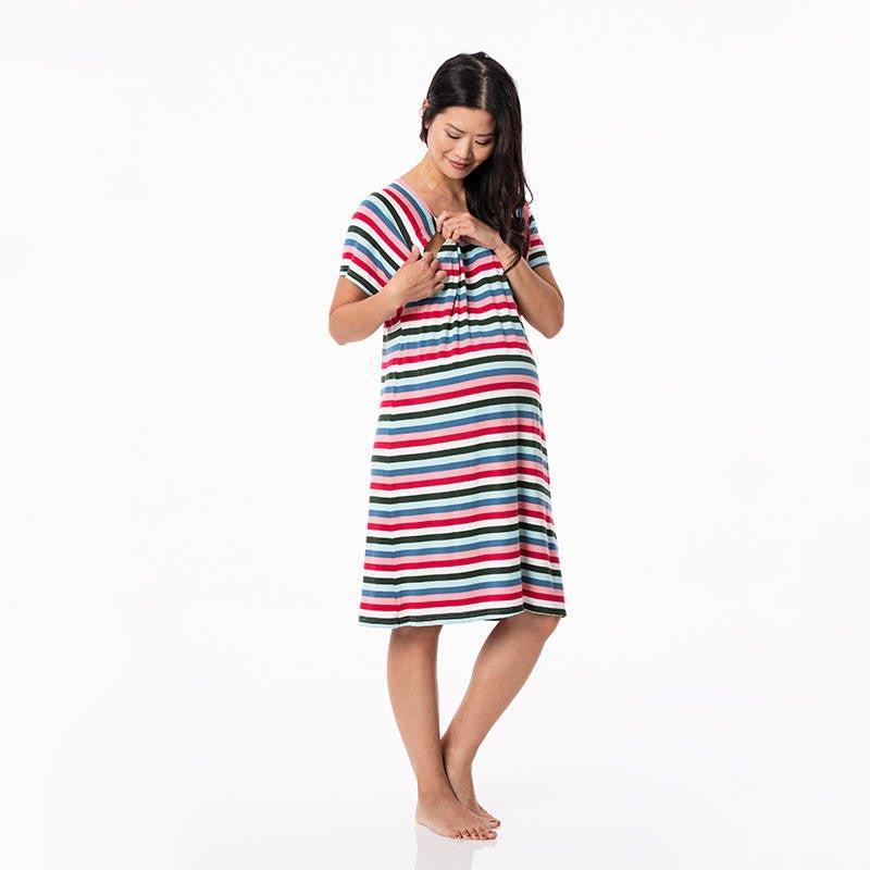 Women's Print Bamboo Labor and Delivery Hospital Gown - Snowball Multi Stripe - Image 2