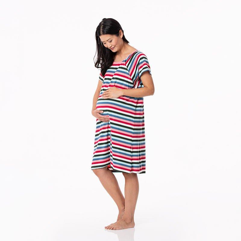 Women's Print Bamboo Labor and Delivery Hospital Gown - Snowball Multi Stripe - Image 3