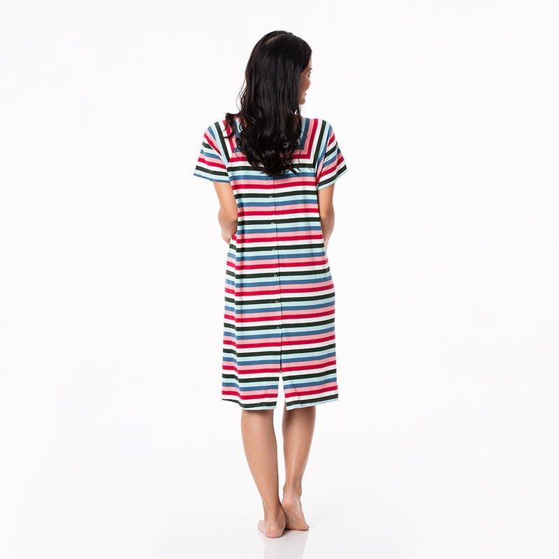 Women's Print Bamboo Labor and Delivery Hospital Gown - Snowball Multi Stripe - Image 5