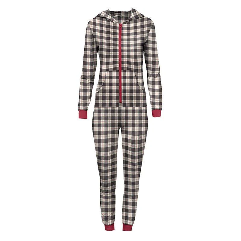 Women's Print Bamboo Long Sleeve Jumpsuit with Hood - Midnight Holiday Plaid