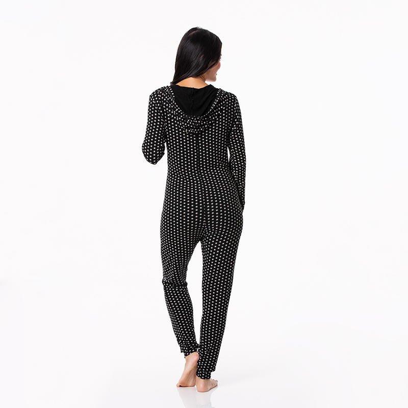 Women's Print Bamboo Long Sleeve Jumpsuit with Hood - Midnight Tiny Snowflakes - Image 2