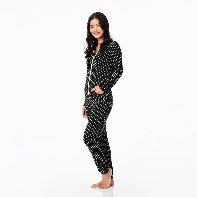 Women's Print Bamboo Long Sleeve Jumpsuit with Hood - Midnight Tiny Snowflakes - Image 3