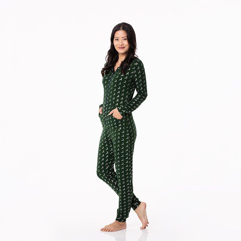 Women's Print Bamboo Long Sleeve Jumpsuit with Hood - Mountain View Reindeer - Image 2