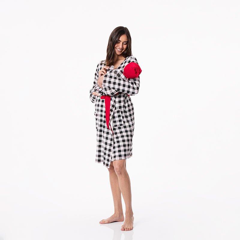 Women's Print Bamboo Maternity/Nursing Robe & Layette Gown Set - Midnight Holiday Plaid - Image 2