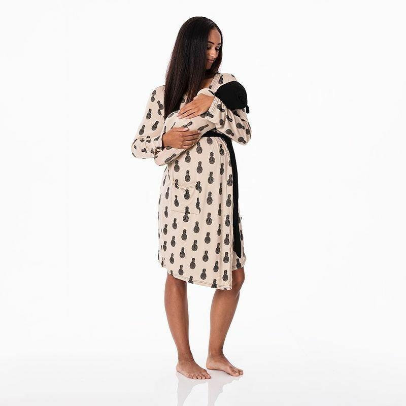 Women's Print Bamboo Maternity/Nursing Robe & Layette Gown Set - Burlap Pineapples - Image 2
