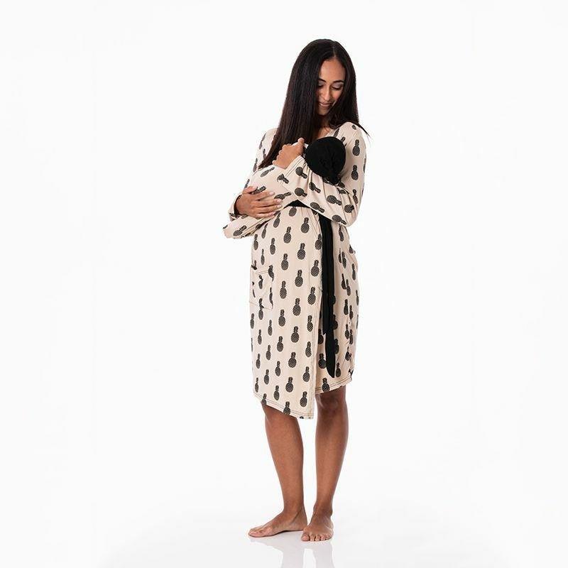 Women's Print Bamboo Maternity/Nursing Robe & Layette Gown Set - Burlap Pineapples - Image 3