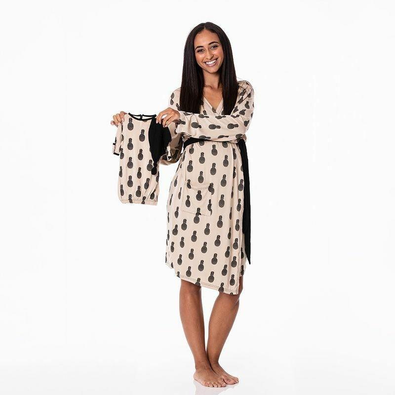 Women's Print Bamboo Maternity/Nursing Robe & Layette Gown Set - Burlap Pineapples - Image 4