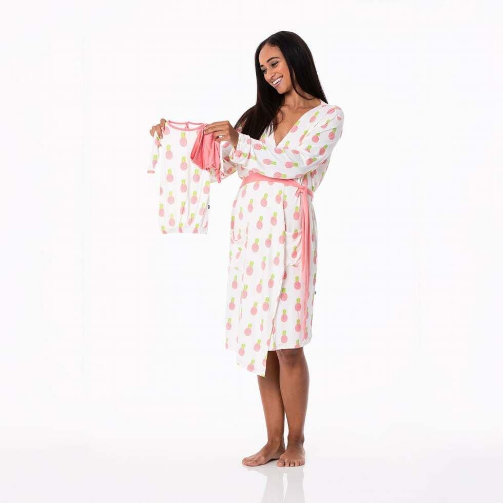 Women's Print Bamboo Maternity/Nursing Robe & Layette Gown Set - Strawberry Pineapples - Image 2