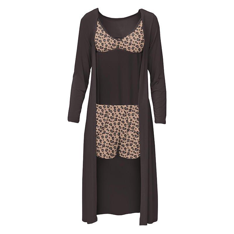 Women's Print Bamboo Sleeping Bra, Tulip Shorts and Duster Robe Set - Suede Cheetah (15ANV)