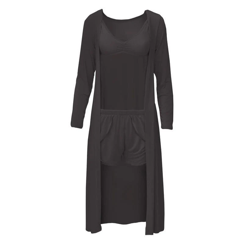 Women's Solid Bamboo Sleeping Bra, Tulip Shorts and Duster Robe Set - Midnight (15ANV) - Image 4