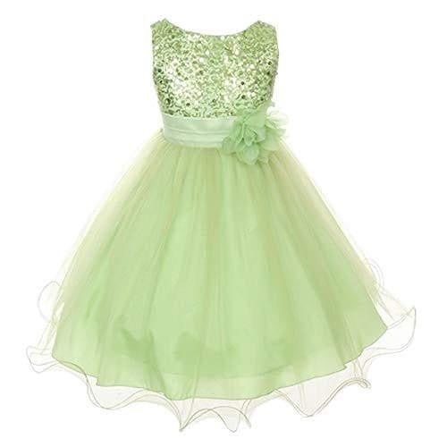 Girl's Sequin Double Mesh Flower Dress - Lime Green