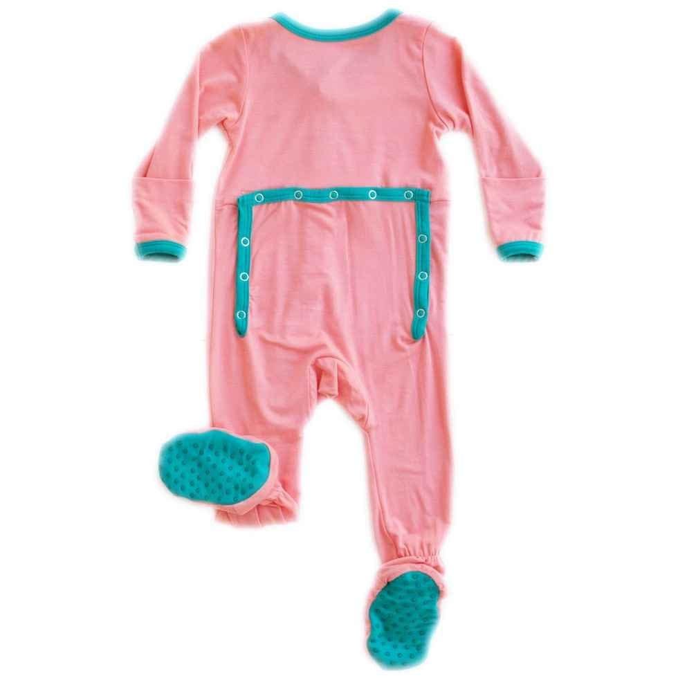 Girls Bamboo Footie Sleeper -  Coral with Teal Trim - Image 2