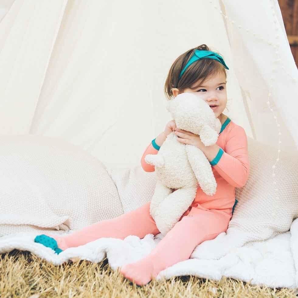 Girls Bamboo Footie Sleeper -  Coral with Teal Trim - Image 3