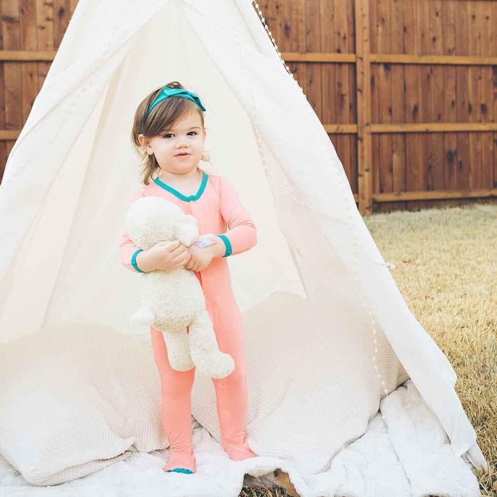 Girls Bamboo Footie Sleeper -  Coral with Teal Trim - Image 4