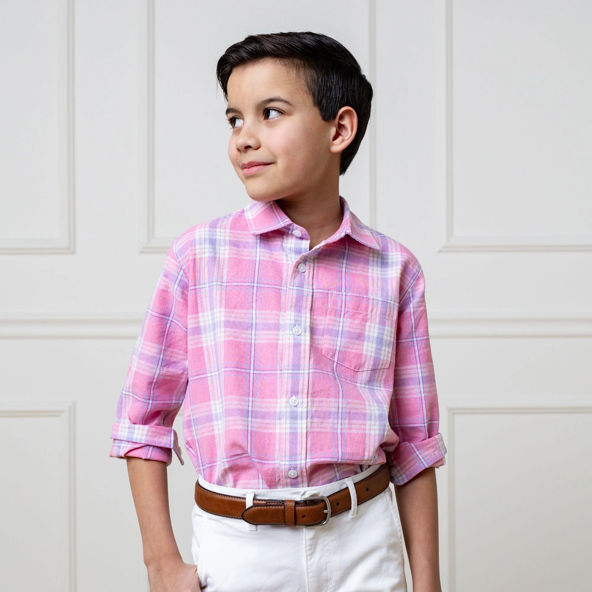 Linen Button Down Shirt - Tea Room Pink Plaid - Image 2