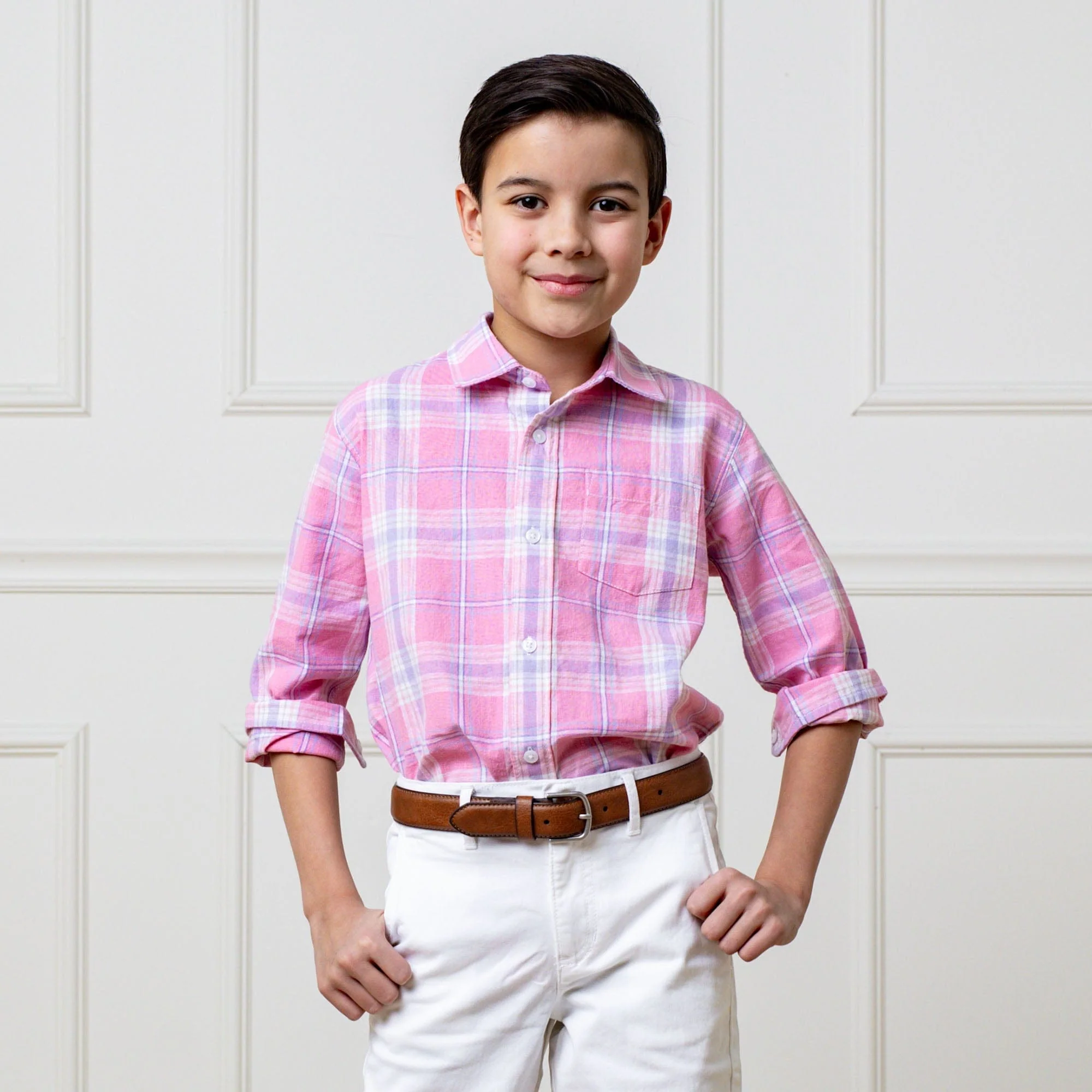 Linen Button Down Shirt - Tea Room Pink Plaid - Image 6
