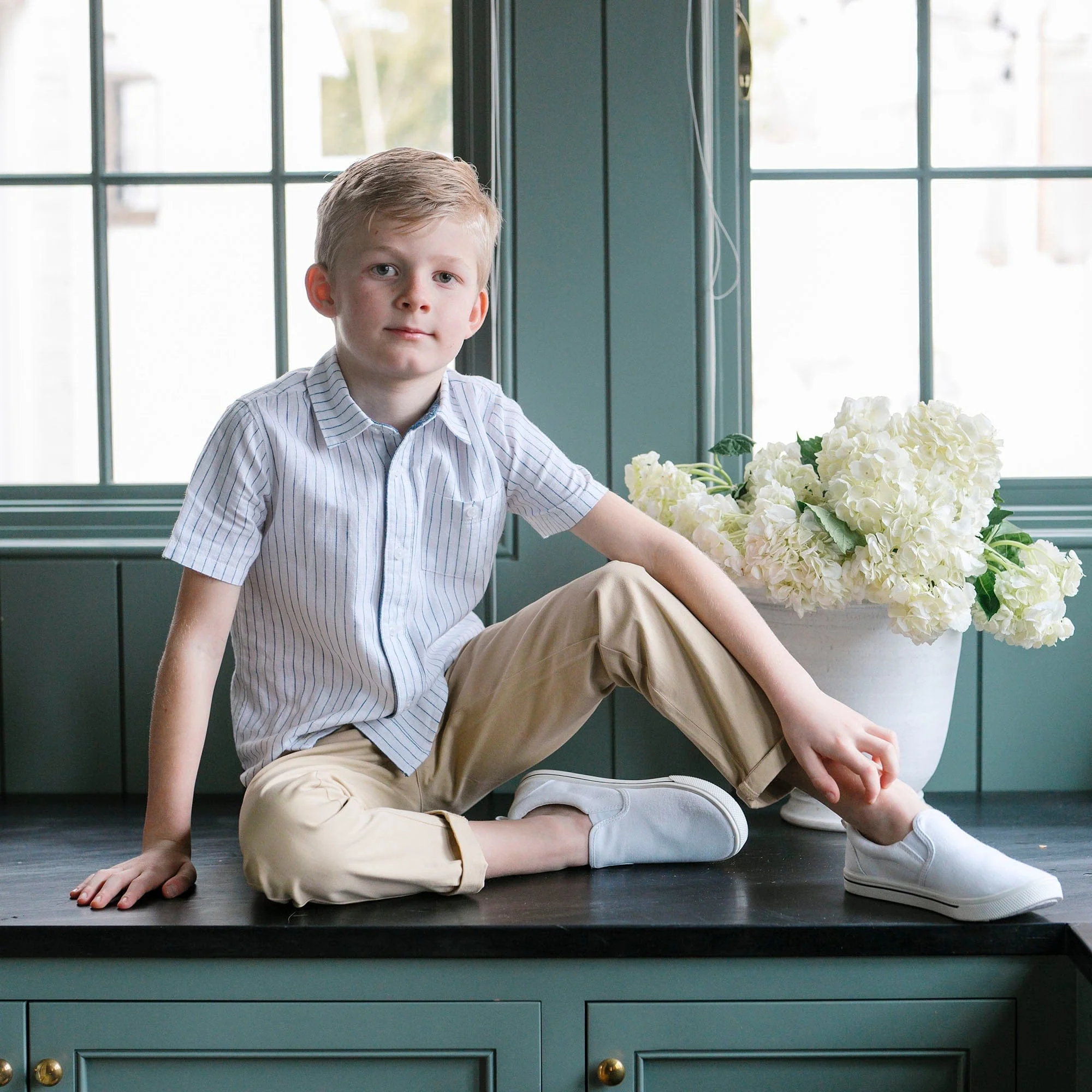 Linen Short Sleeve Button Down Shirt - White Court Pinstripe - Image 2