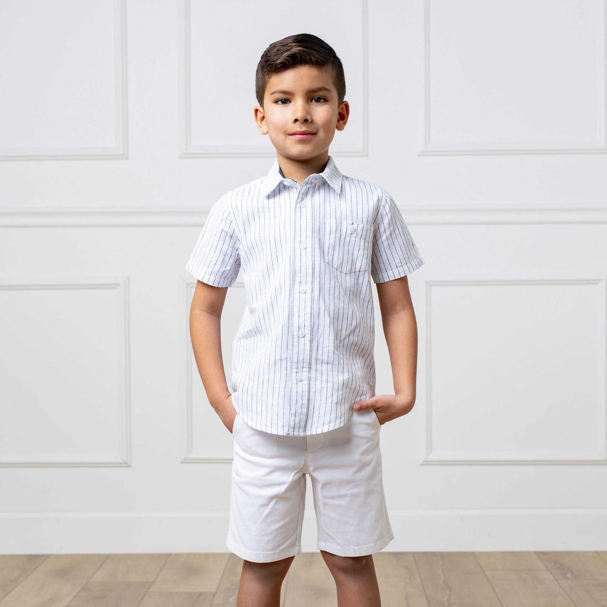 Linen Short Sleeve Button Down Shirt - White Court Pinstripe - Image 4