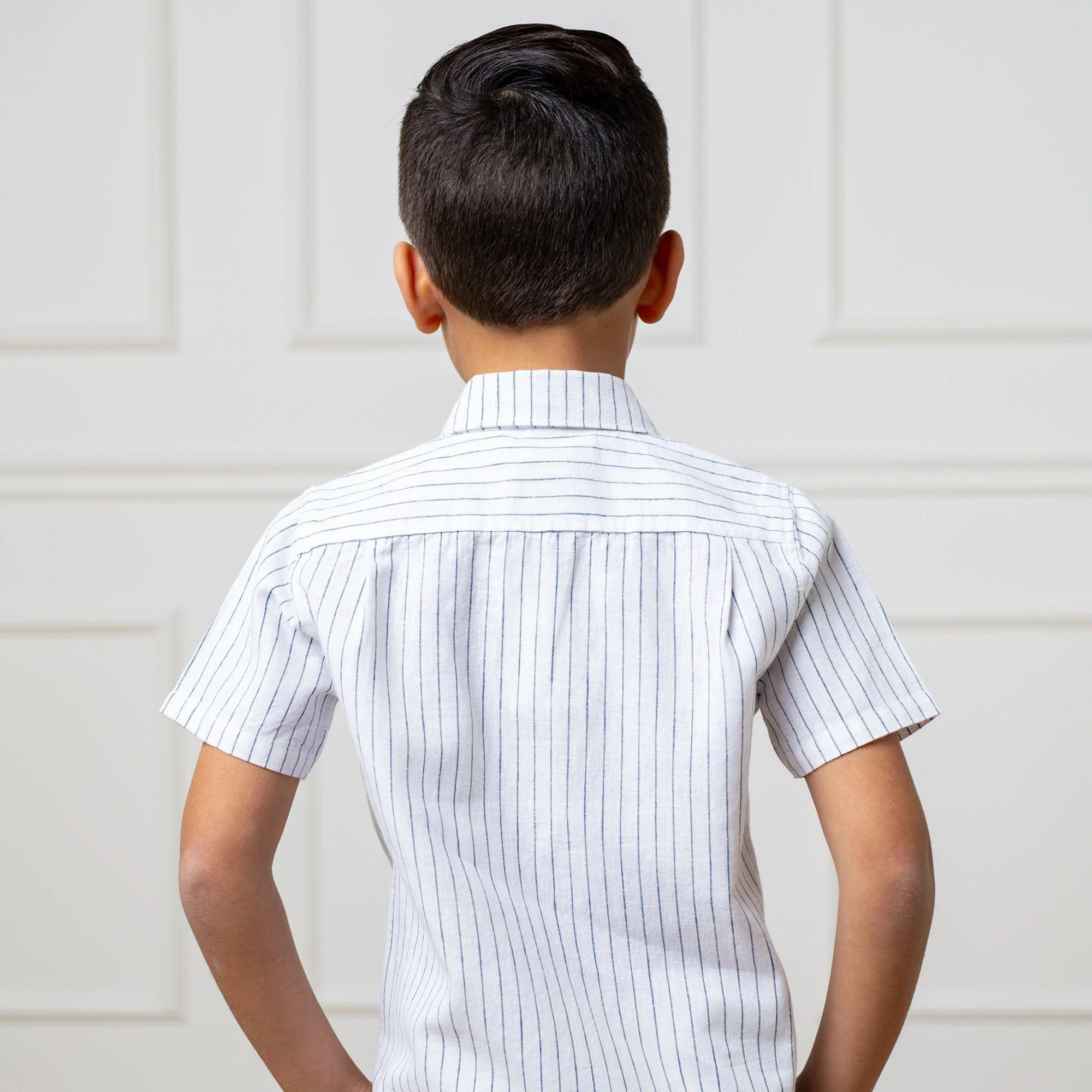 Linen Short Sleeve Button Down Shirt - White Court Pinstripe - Image 5