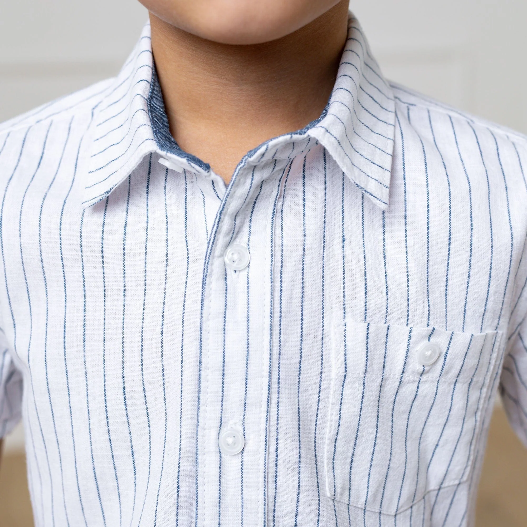 Linen Short Sleeve Button Down Shirt - White Court Pinstripe - Image 6