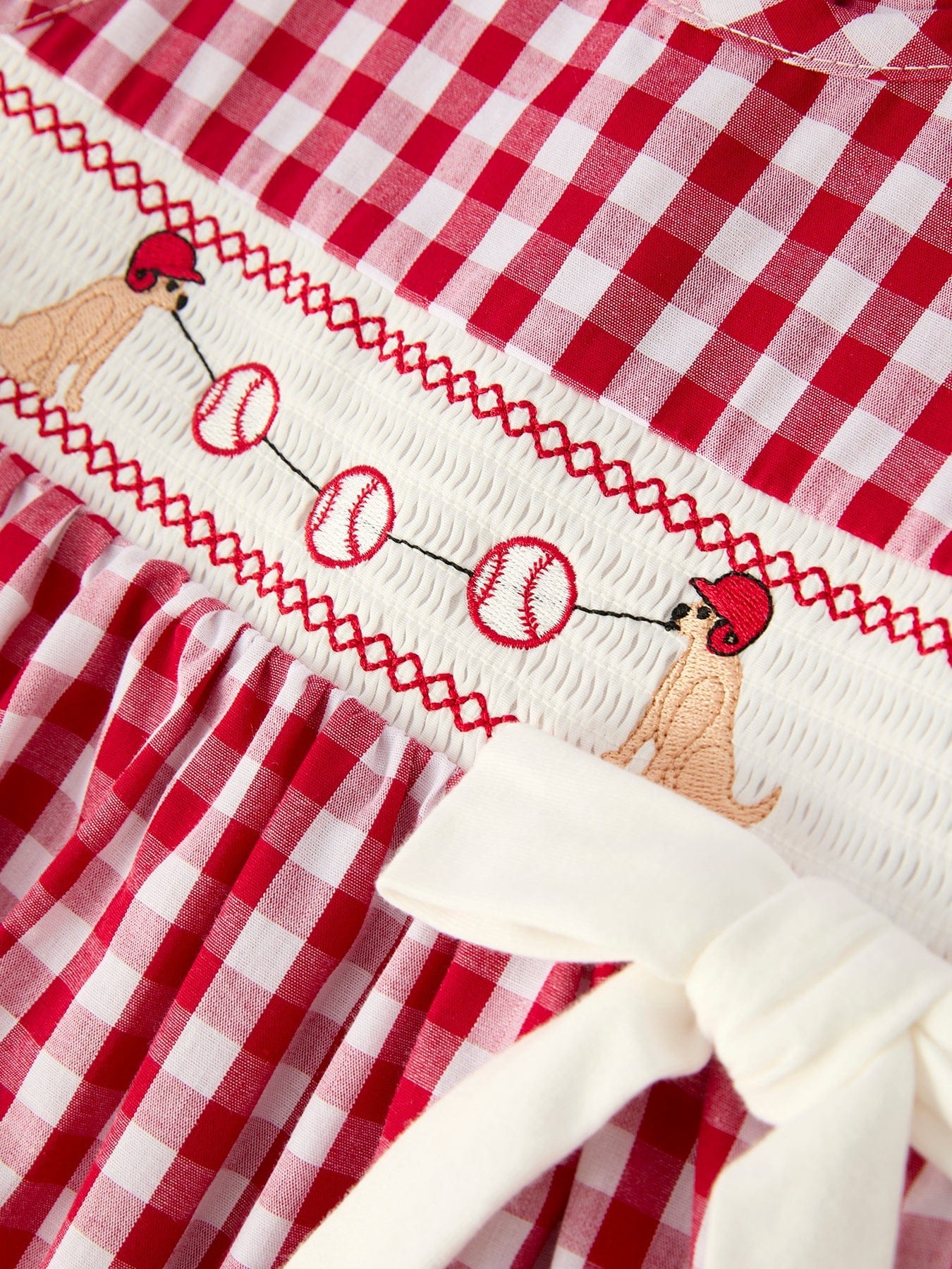 Mommy & Me Girl Dress - Dog Baseball Smocking Embroidery Outfit - Image 4