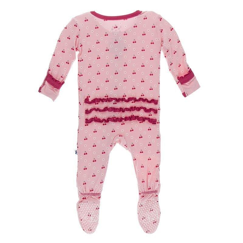 Bamboo Muffin Ruffle Footie with Zipper - Lotus Cherries and Blossoms - Image 2