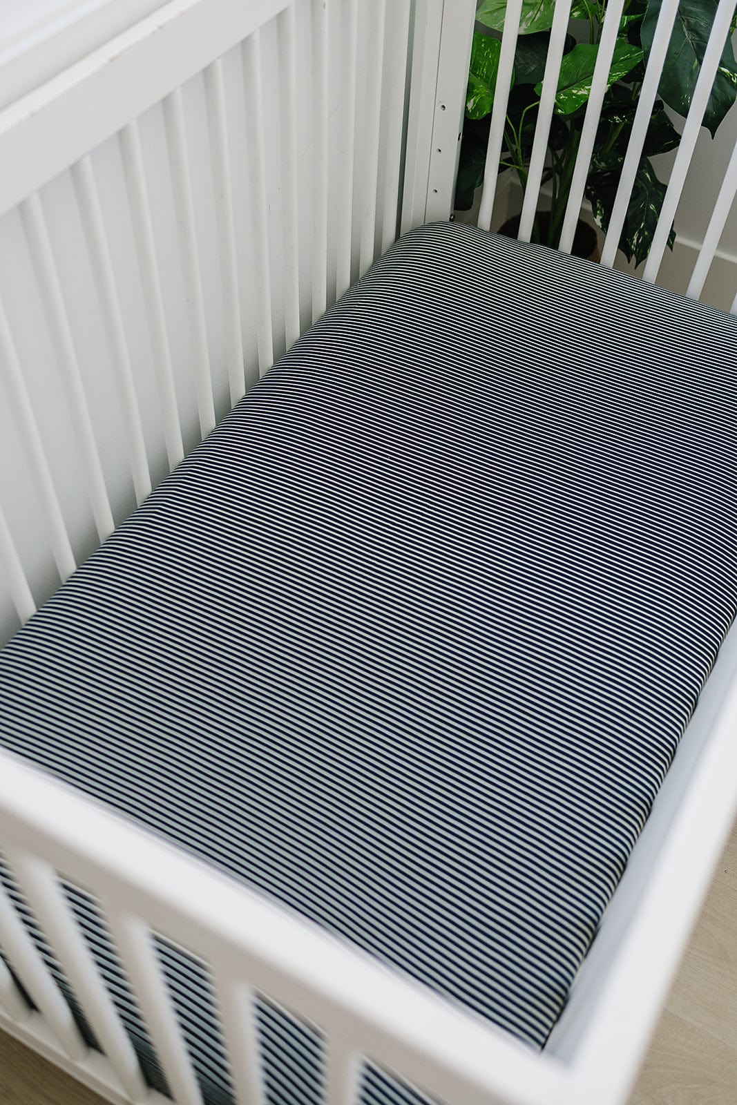 Navy Stripes Bamboo Stretch Crib Sheet - Image 3