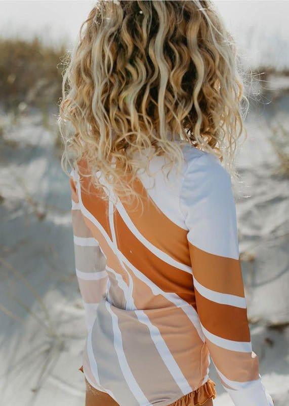 Girl's Zip Rash Guard One Piece Swimsuit - Beige Stripe Rainbow - Image 3