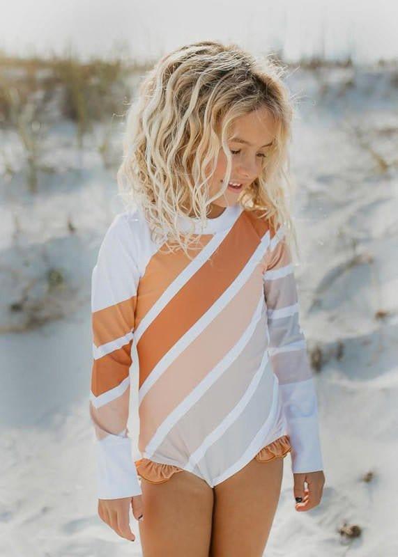 Girl's Zip Rash Guard One Piece Swimsuit - Beige Stripe Rainbow - Image 4
