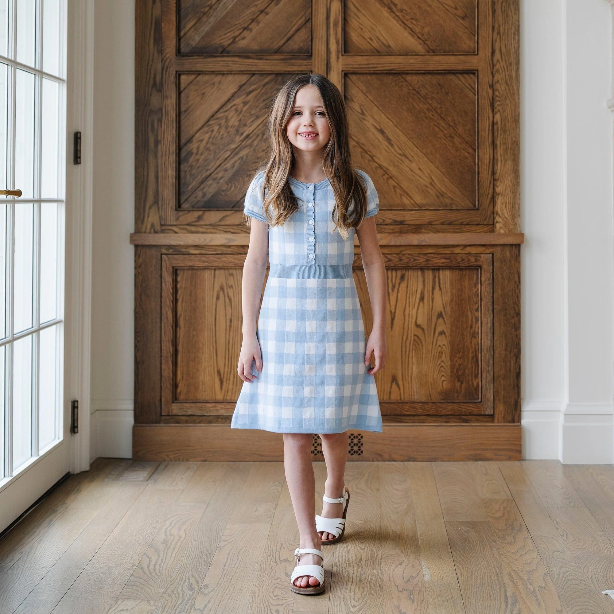 Organic Button Front Sweater Dress - Classic Blue Gingham - Image 2