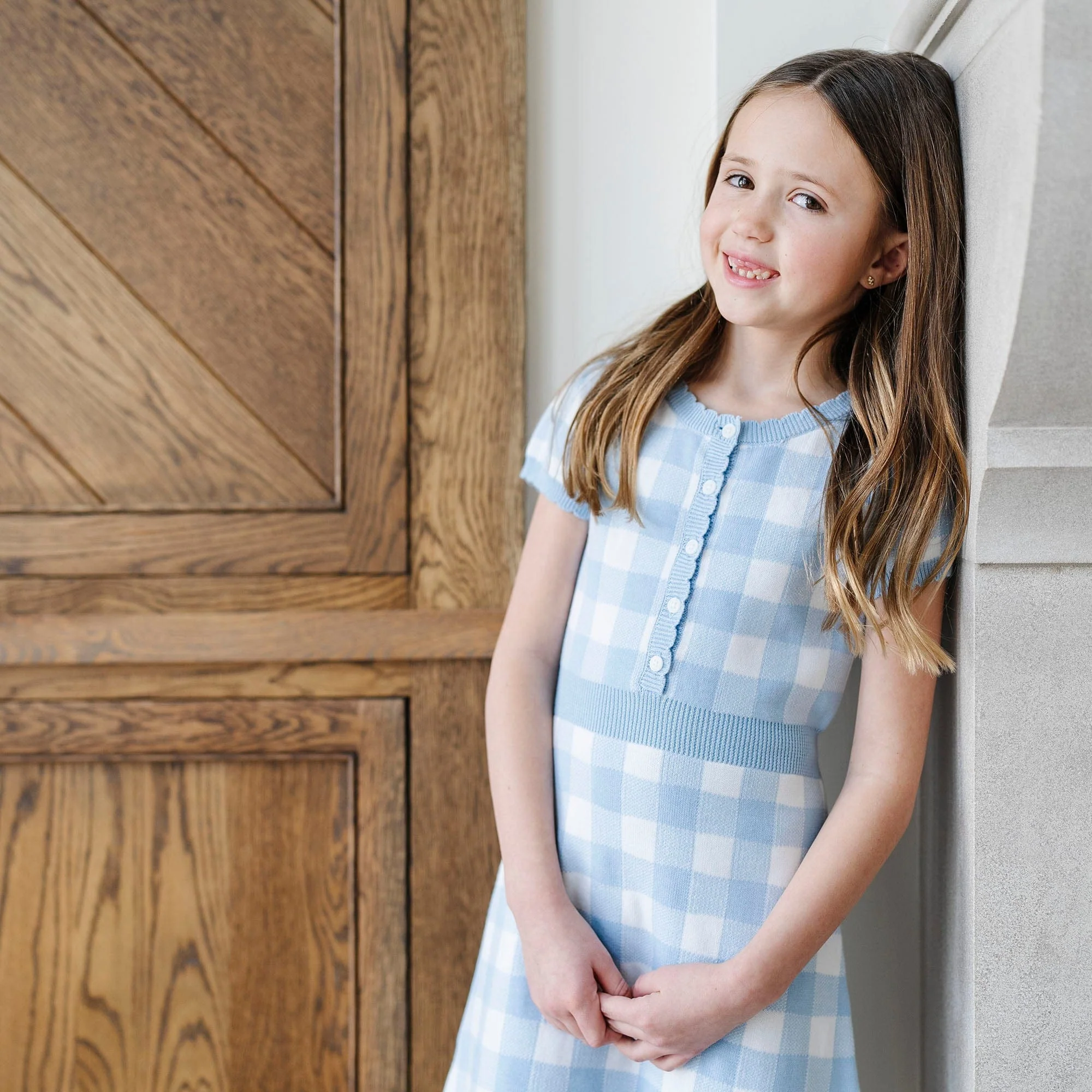 Organic Button Front Sweater Dress - Classic Blue Gingham - Image 3