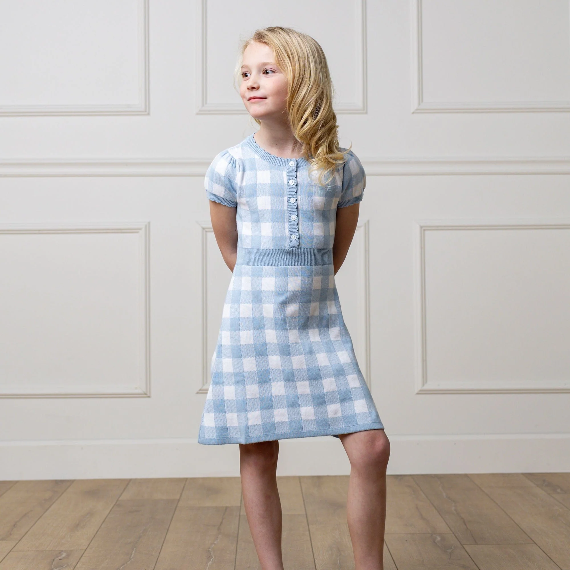 Organic Button Front Sweater Dress - Classic Blue Gingham - Image 5