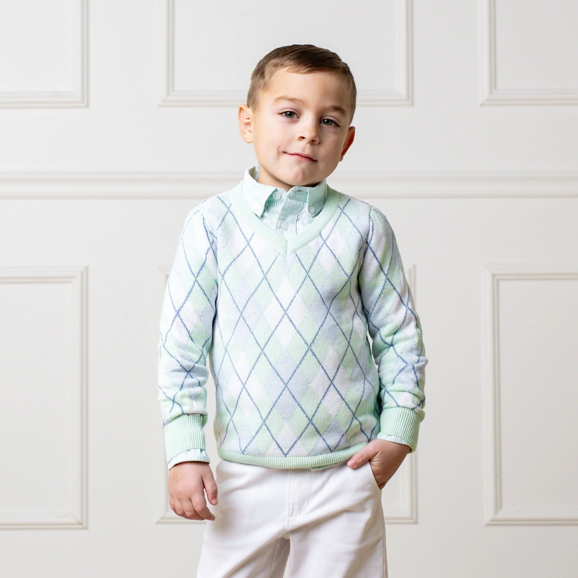 Organic Fine Gauge V-Neck Sweater - Coastal Cottage Argyle - Image 4
