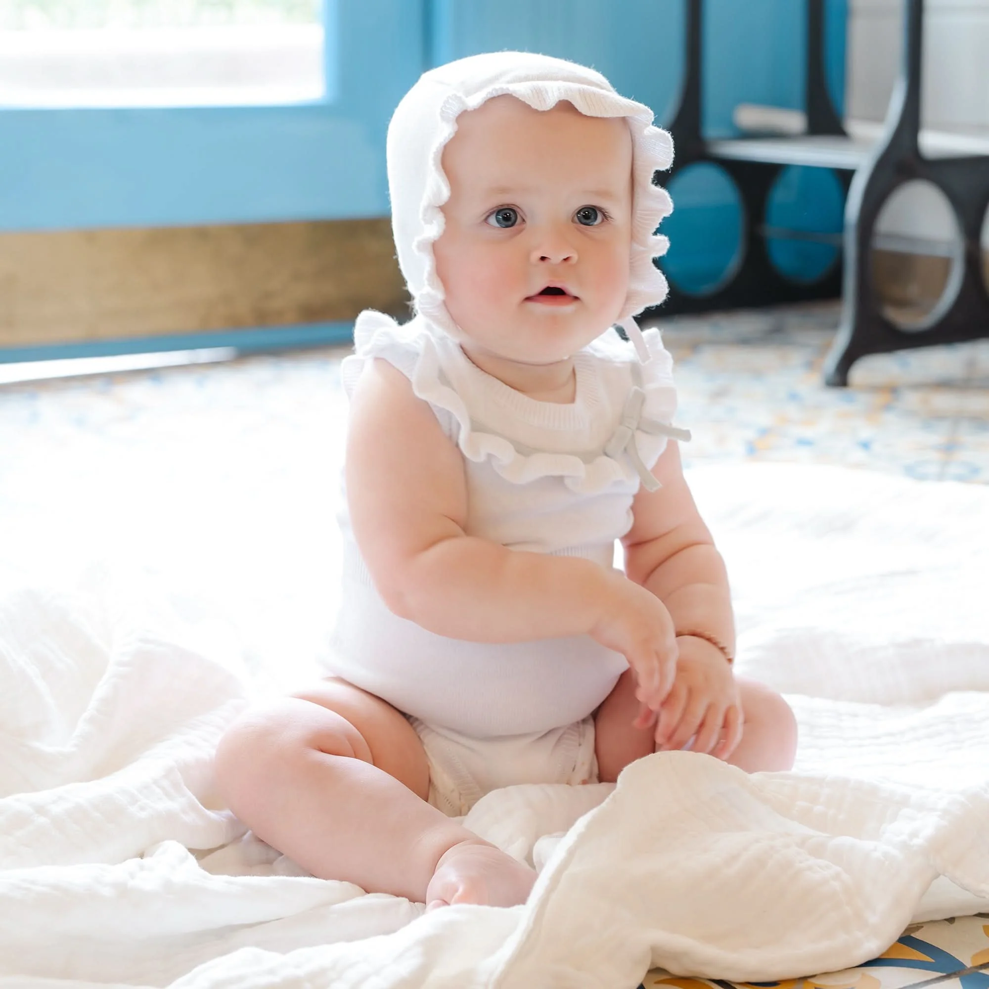 Organic Ruffle Sweater Romper and Bonnet Set - White with Pale Blue - Image 2