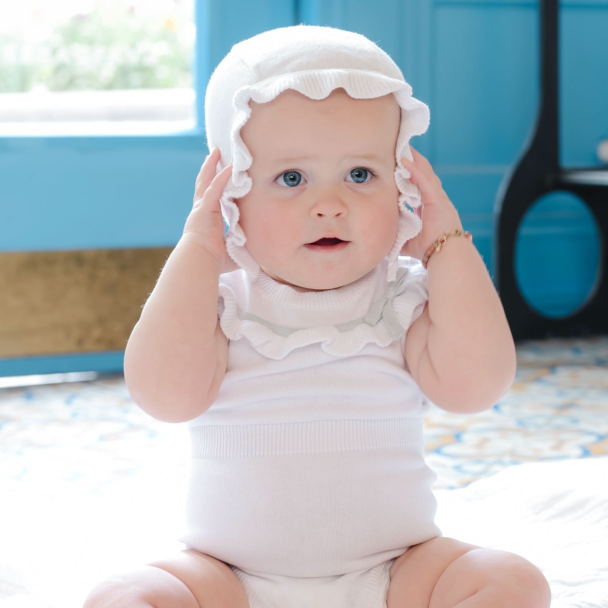 Organic Ruffle Sweater Romper and Bonnet Set - White with Pale Blue - Image 3