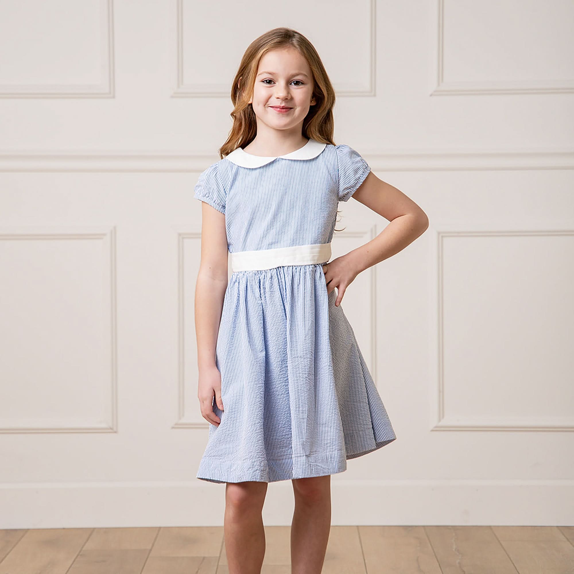 Organic Seersucker Peter Pan Collar Dress - Blue - Image 3