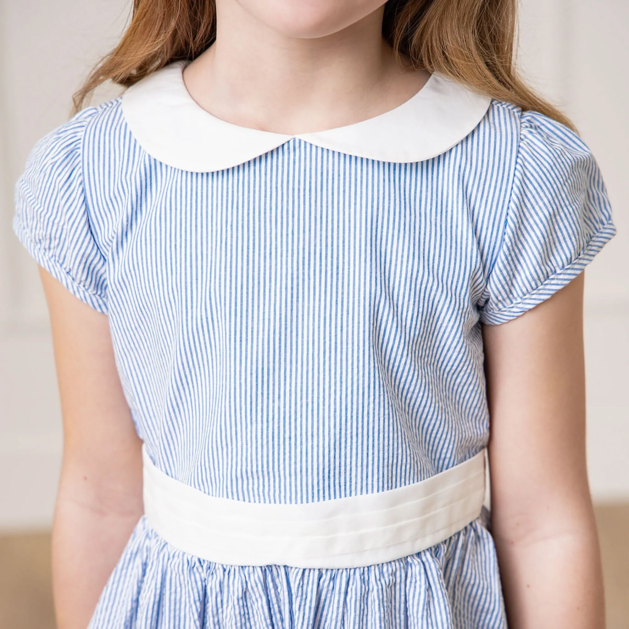 Organic Seersucker Peter Pan Collar Dress - Blue - Image 6
